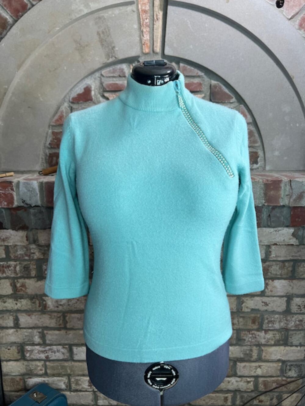 sweater high neck jeweled zipper blue